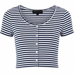 Topshop Petite Womens Striped Crop Top Button Front Navy White Tee Sz 6 Nautical
